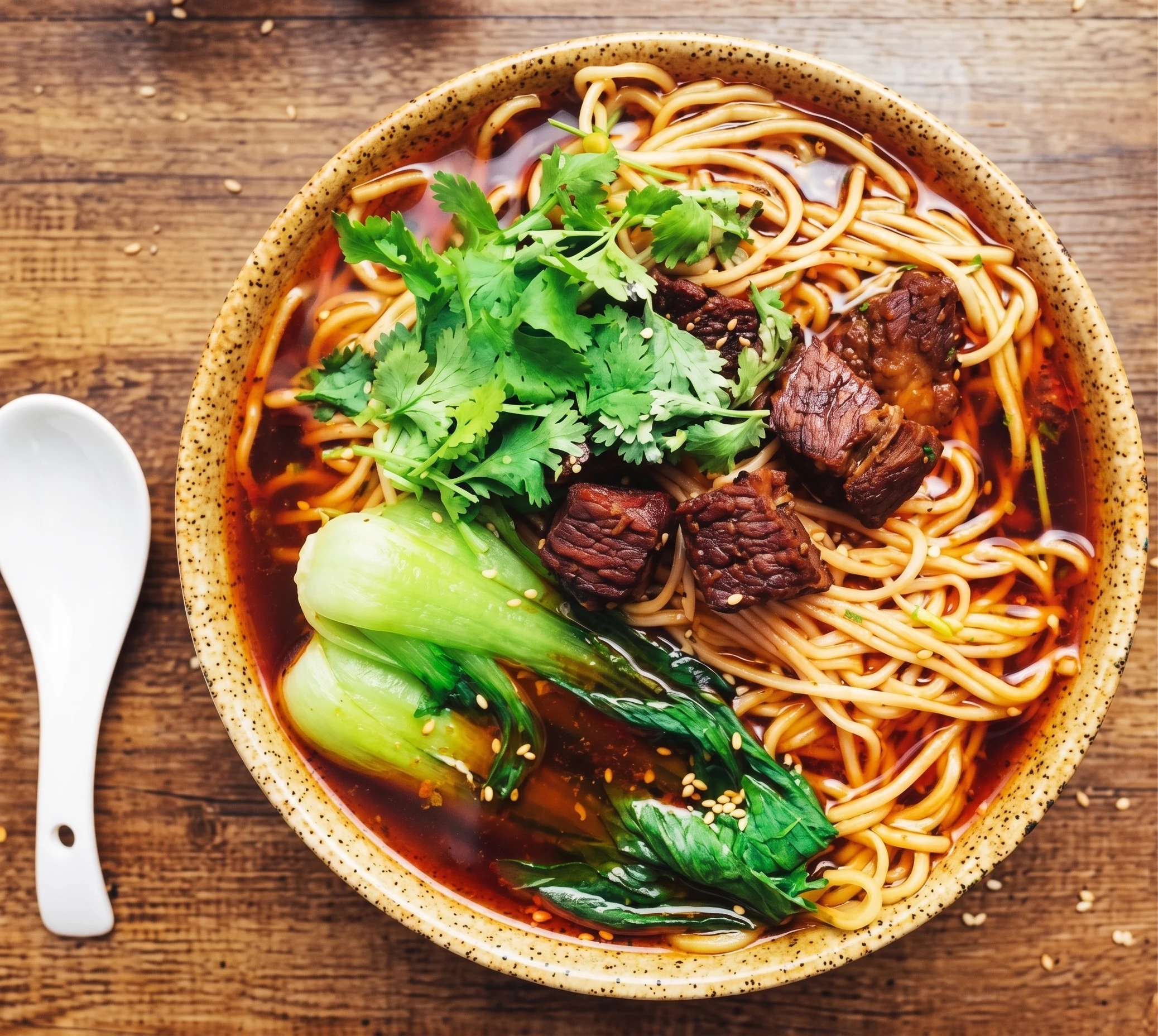Bowl of braised beef noodles in spicy broth with cilantro and bok choy